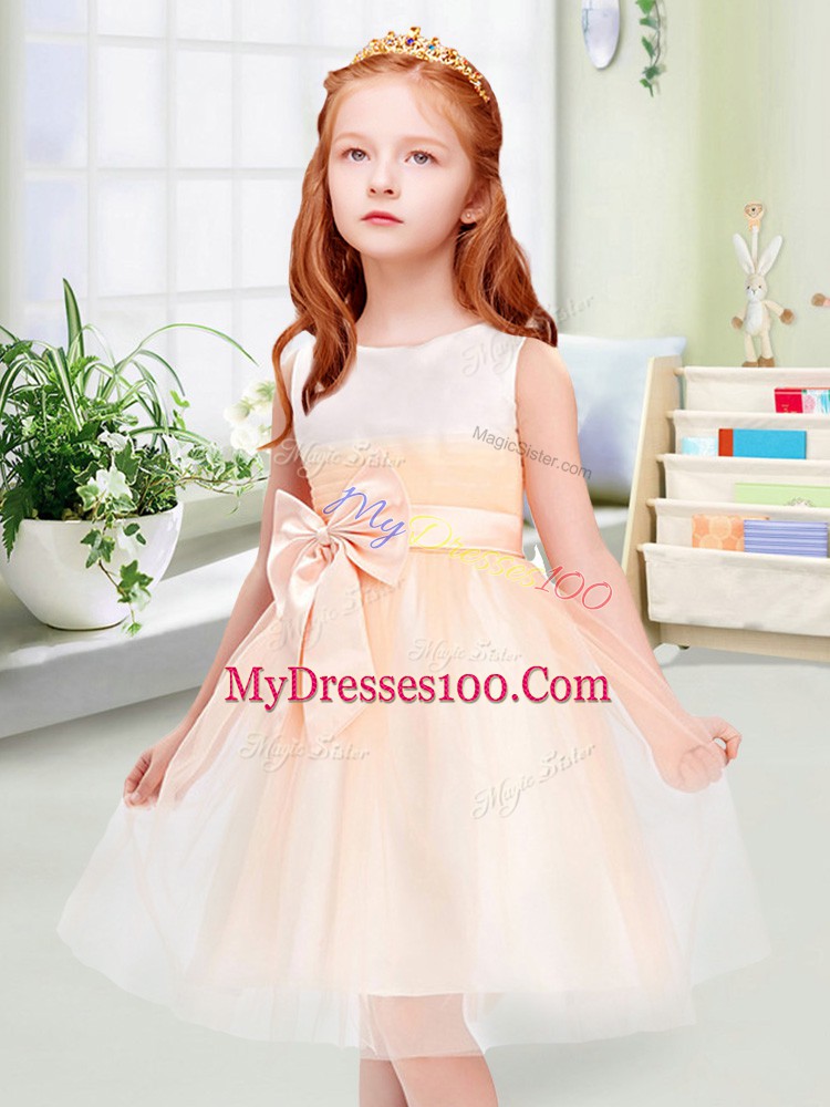 Peach Sleeveless Bowknot Knee Length Toddler Flower Girl Dress