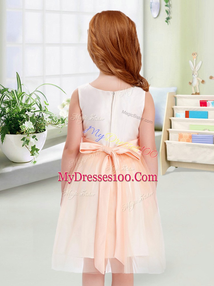 Peach Sleeveless Bowknot Knee Length Toddler Flower Girl Dress