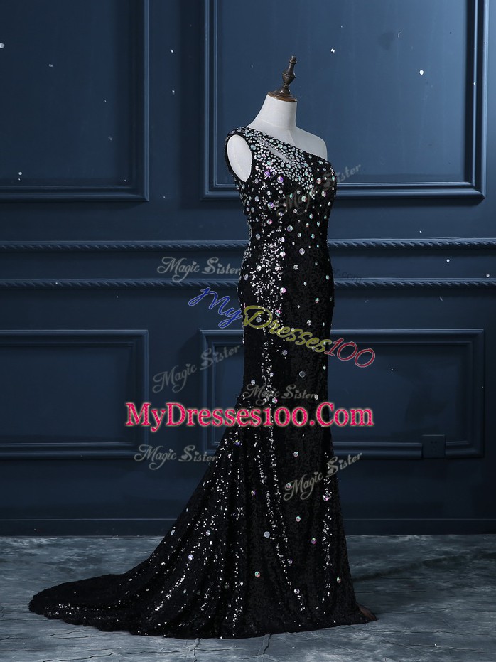 Black Sequined Backless One Shoulder Sleeveless Prom Gown Brush Train Beading