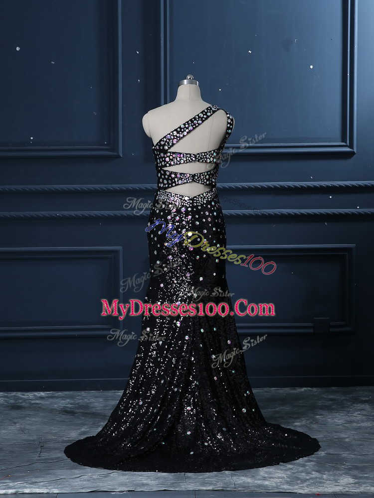 Black Sequined Backless One Shoulder Sleeveless Prom Gown Brush Train Beading