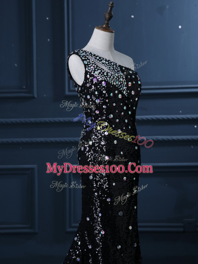 Black Sequined Backless One Shoulder Sleeveless Prom Gown Brush Train Beading
