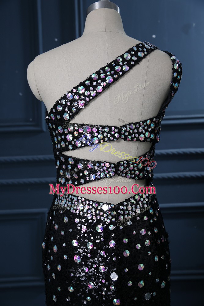 Black Sequined Backless One Shoulder Sleeveless Prom Gown Brush Train Beading