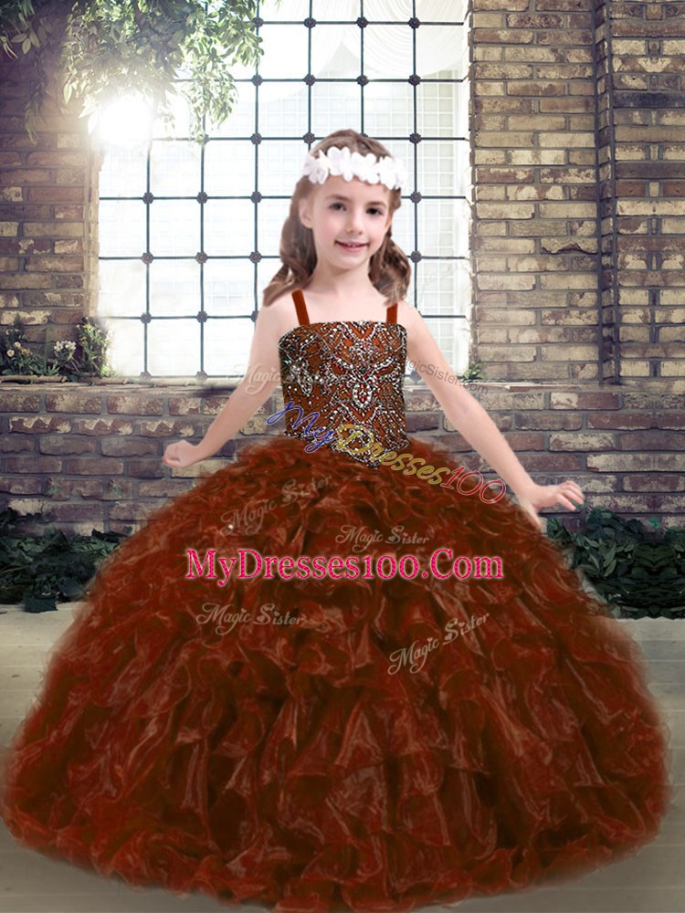 Straps Sleeveless Lace Up Little Girl Pageant Gowns Rust Red Organza