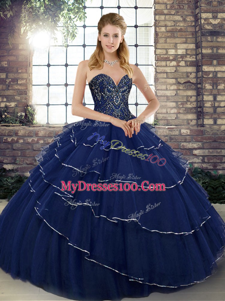Graceful Sleeveless Tulle Brush Train Lace Up Quinceanera Gown in Navy Blue with Beading and Ruffled Layers