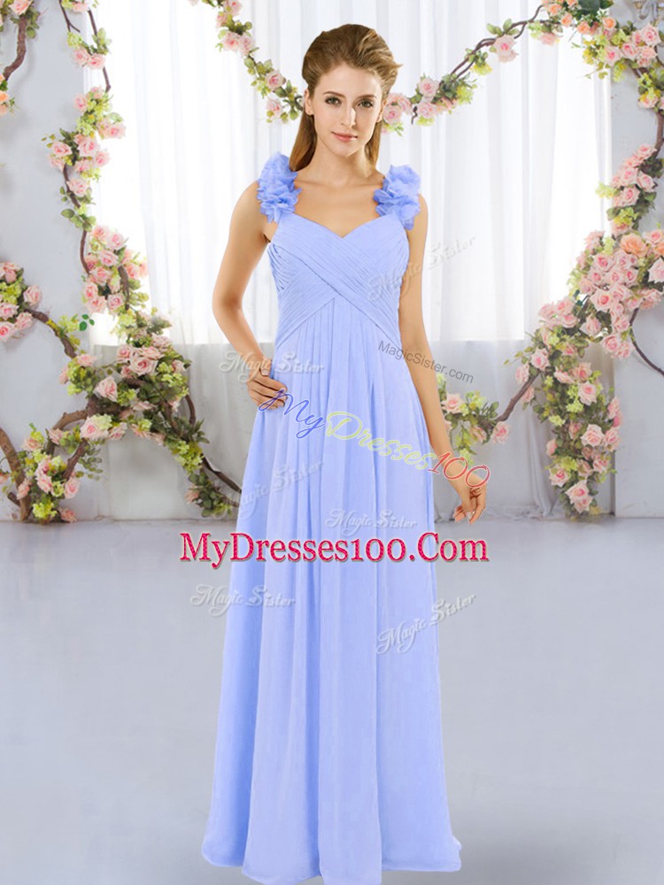 Lavender Empire Straps Sleeveless Chiffon Floor Length Lace Up Hand Made Flower Bridesmaid Dress
