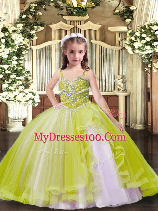 Latest Straps Sleeveless Tulle Girls Pageant Dresses Beading Lace Up
