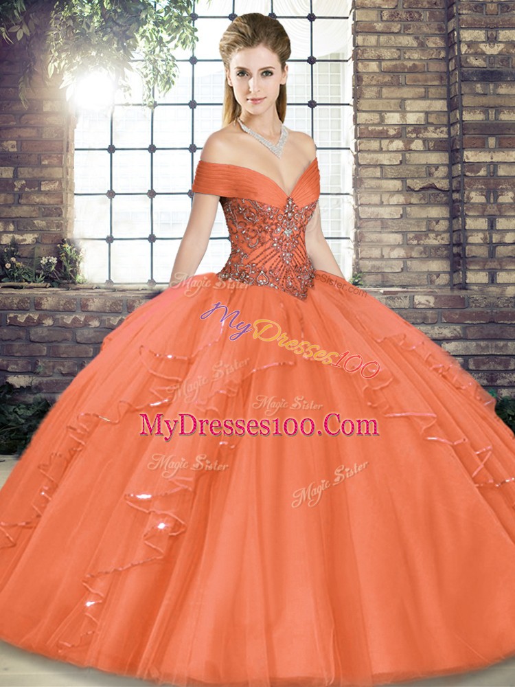 Discount Orange Red Lace Up Off The Shoulder Beading and Ruffles Quinceanera Dress Tulle Sleeveless