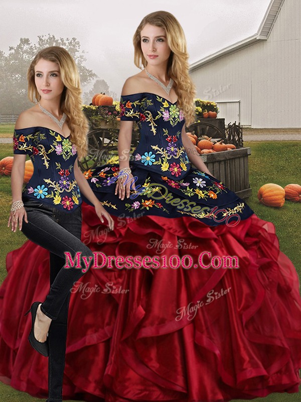 On Sale Red And Black Quinceanera Dresses Military Ball and Sweet 16 and Quinceanera with Embroidery and Ruffles Off The Shoulder Sleeveless Lace Up
