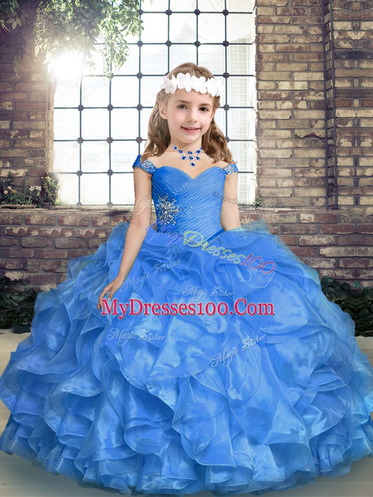 Charming Blue Organza Lace Up Straps Sleeveless Floor Length Little Girl Pageant Dress Beading and Ruffles and Ruching