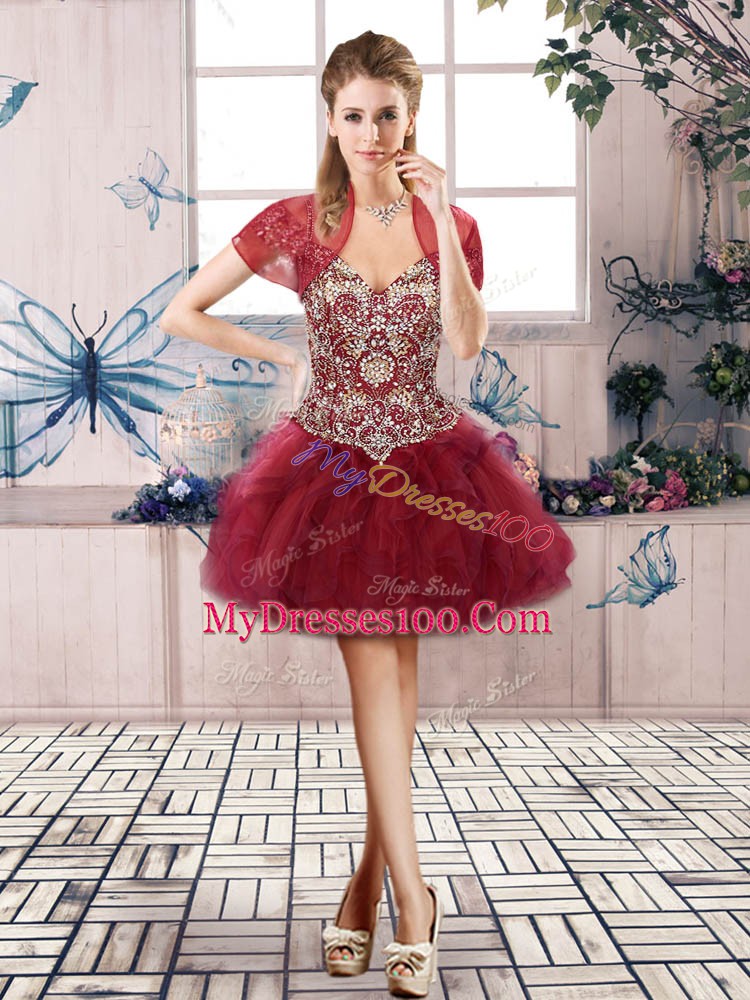 Captivating Sleeveless Tulle Mini Length Lace Up Cocktail Dresses in Burgundy with Beading and Ruffles