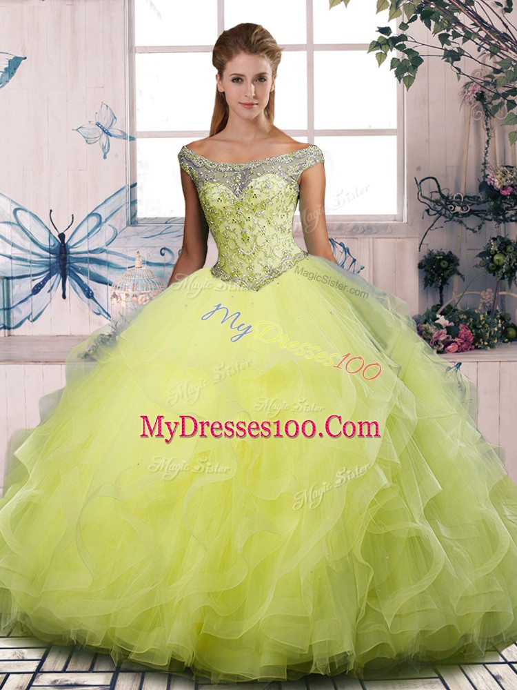 Luxury Off The Shoulder Sleeveless Sweet 16 Quinceanera Dress Floor Length Beading and Ruffles Yellow Green Tulle