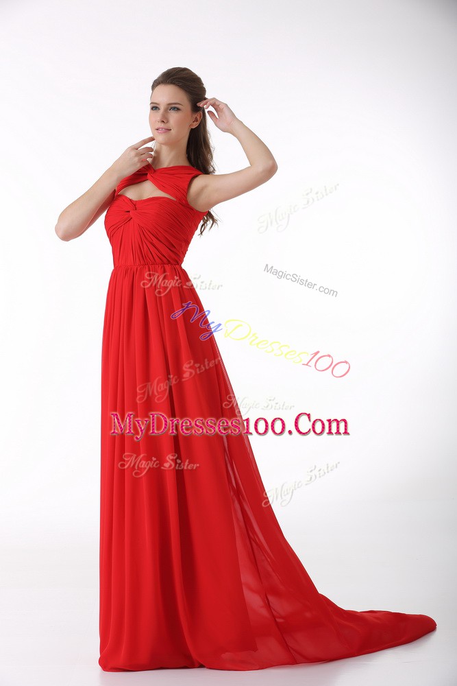 Colorful Red Chiffon Zipper Sweetheart Sleeveless Homecoming Dress Brush Train Ruching