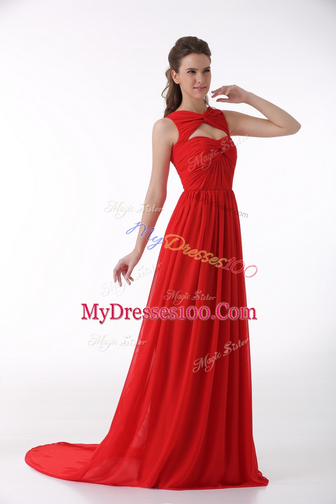 Colorful Red Chiffon Zipper Sweetheart Sleeveless Homecoming Dress Brush Train Ruching