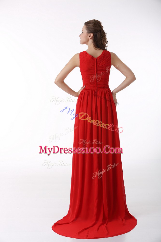 Colorful Red Chiffon Zipper Sweetheart Sleeveless Homecoming Dress Brush Train Ruching