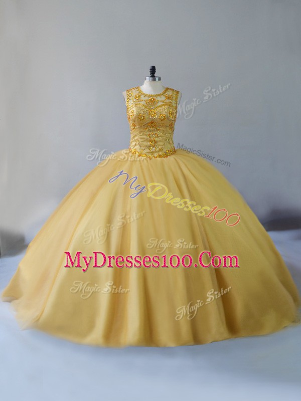 Gold Quinceanera Dress Tulle Brush Train Sleeveless Beading