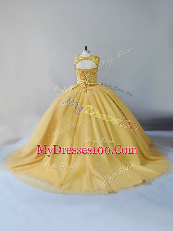 Gold Quinceanera Dress Tulle Brush Train Sleeveless Beading