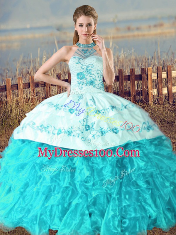 Aqua Blue Organza Lace Up Halter Top Sleeveless Sweet 16 Dresses Court Train Embroidery and Ruffles
