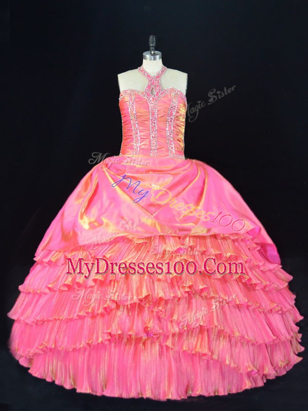 Inexpensive Pink Sleeveless Organza Lace Up Quinceanera Gowns for Sweet 16 and Quinceanera