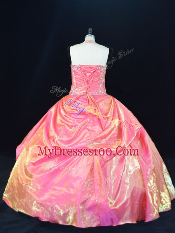 Inexpensive Pink Sleeveless Organza Lace Up Quinceanera Gowns for Sweet 16 and Quinceanera