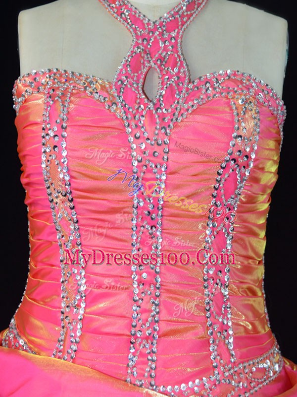 Inexpensive Pink Sleeveless Organza Lace Up Quinceanera Gowns for Sweet 16 and Quinceanera