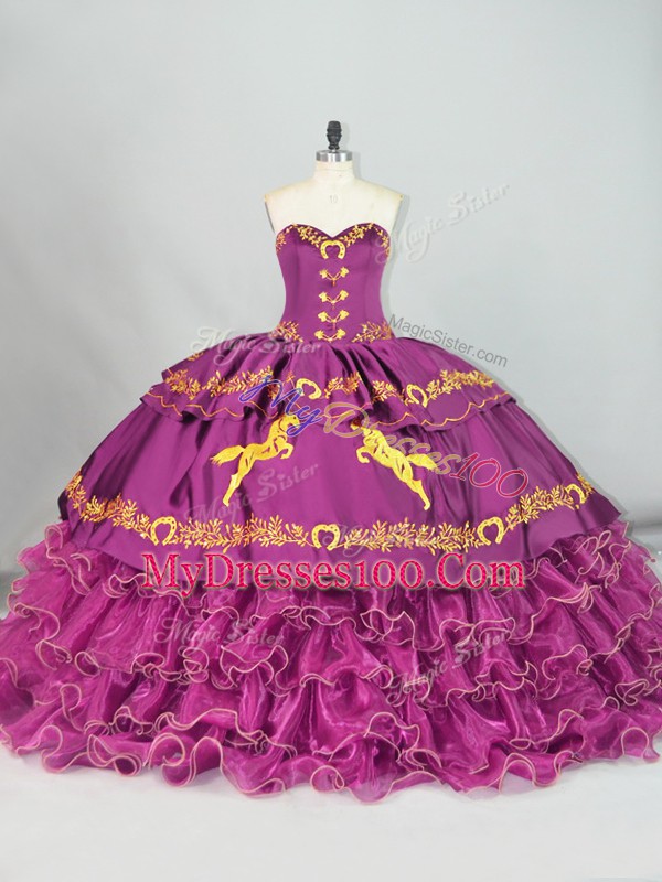 Purple Satin and Organza Lace Up Sweet 16 Dresses Sleeveless Brush Train Embroidery and Ruffles