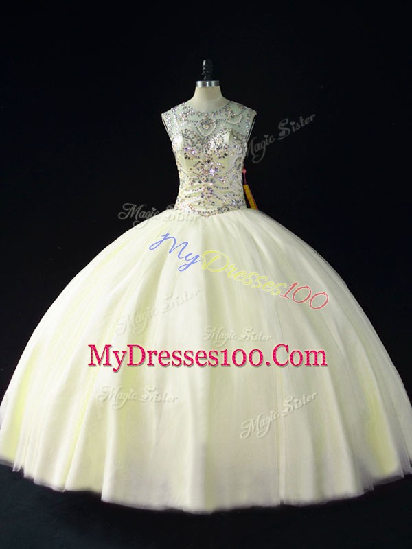 Glorious Beading Sweet 16 Quinceanera Dress Light Yellow Lace Up Sleeveless Floor Length