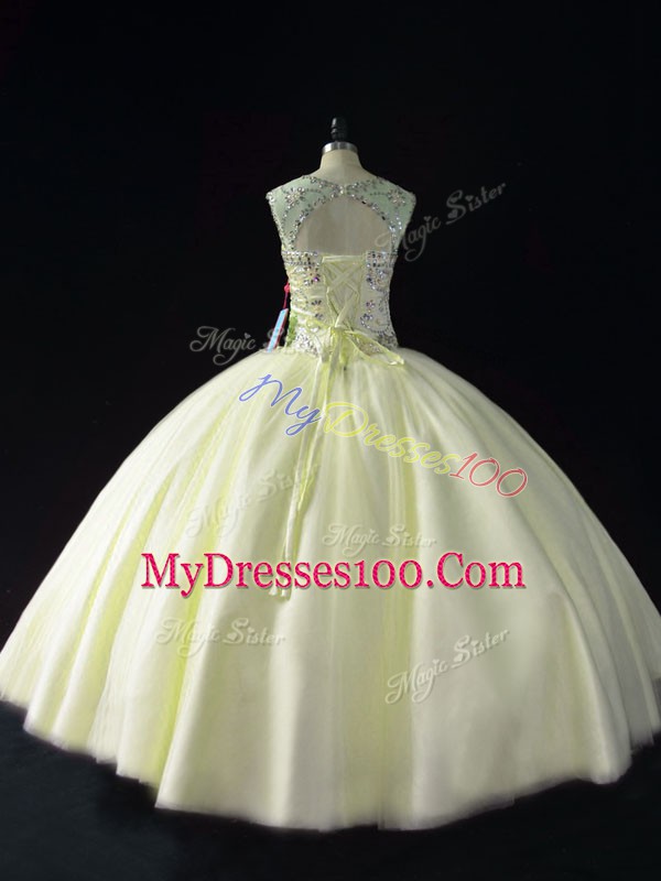 Glorious Beading Sweet 16 Quinceanera Dress Light Yellow Lace Up Sleeveless Floor Length