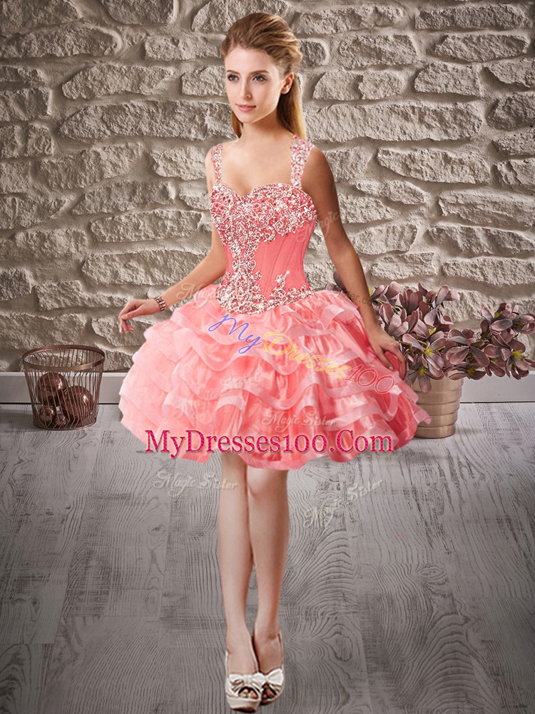 Watermelon Red Sleeveless Court Train Beading and Ruffled Layers Sweet 16 Dresses