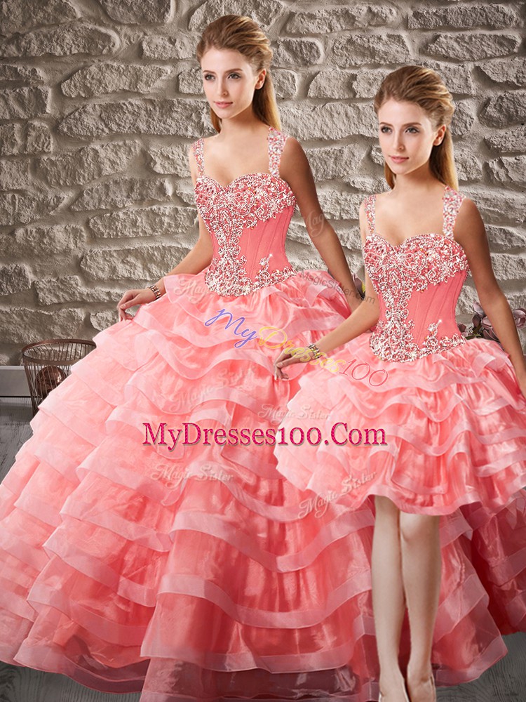 Watermelon Red Sleeveless Court Train Beading and Ruffled Layers Sweet 16 Dresses
