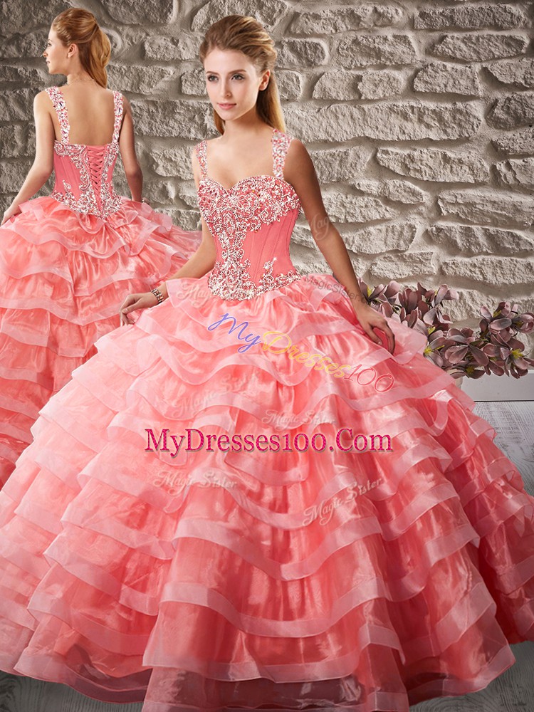 Watermelon Red Sleeveless Court Train Beading and Ruffled Layers Sweet 16 Dresses