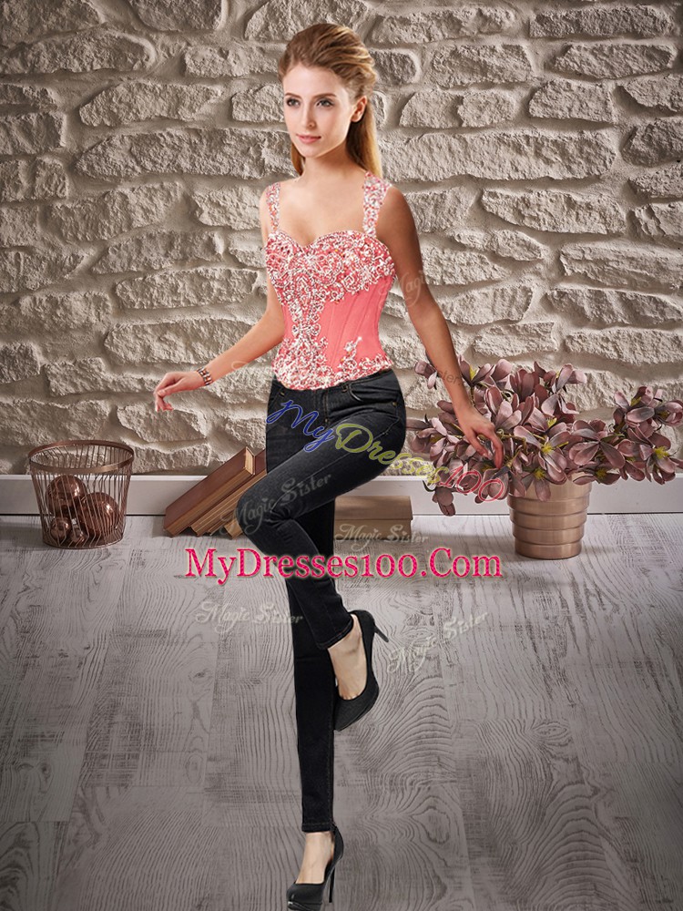 Watermelon Red Sleeveless Court Train Beading and Ruffled Layers Sweet 16 Dresses