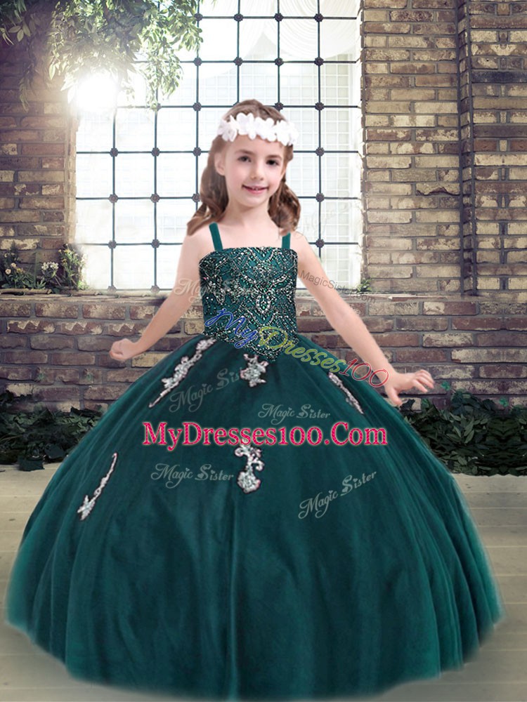 Teal Spaghetti Straps Lace Up Appliques Little Girl Pageant Gowns Sleeveless
