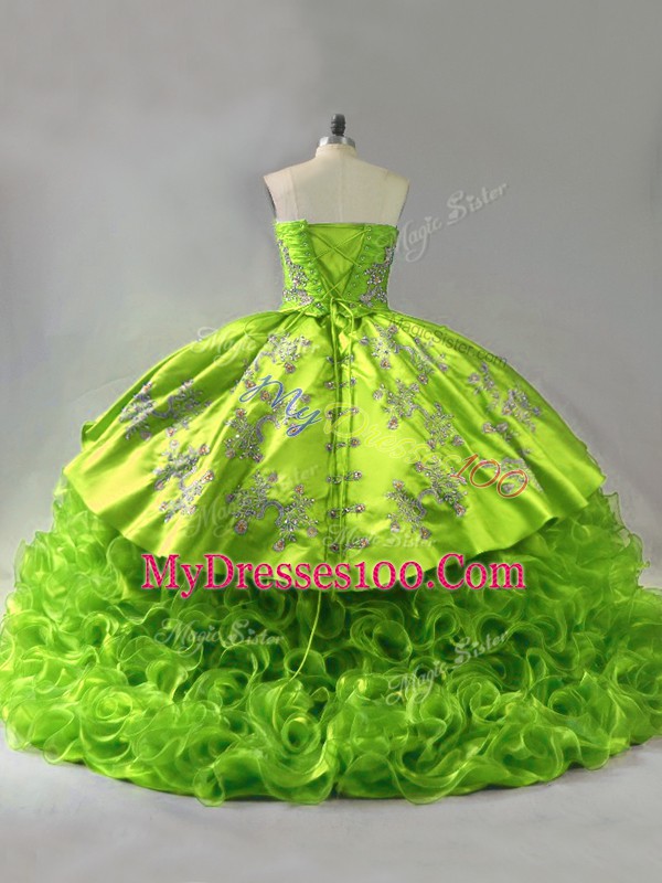 Custom Design Sleeveless Court Train Lace Up Embroidery Sweet 16 Dress