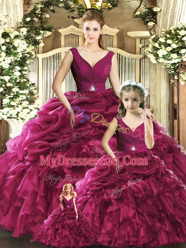 Traditional Burgundy V-neck Backless Ruffles Quinceanera Gown Sleeveless