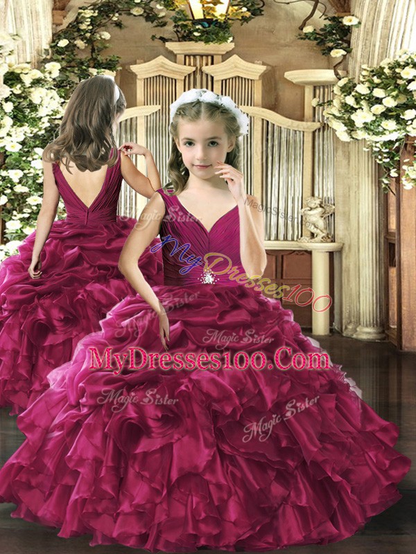 Traditional Burgundy V-neck Backless Ruffles Quinceanera Gown Sleeveless