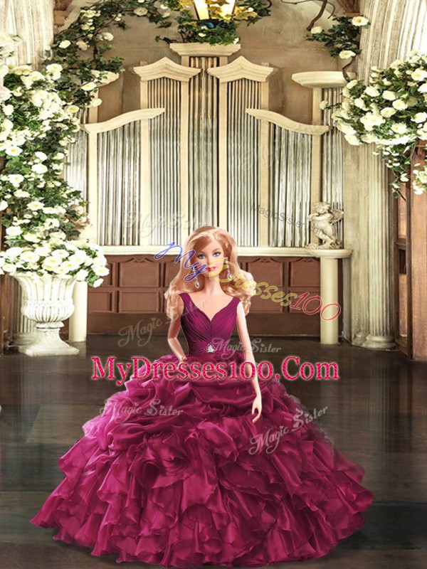 Traditional Burgundy V-neck Backless Ruffles Quinceanera Gown Sleeveless