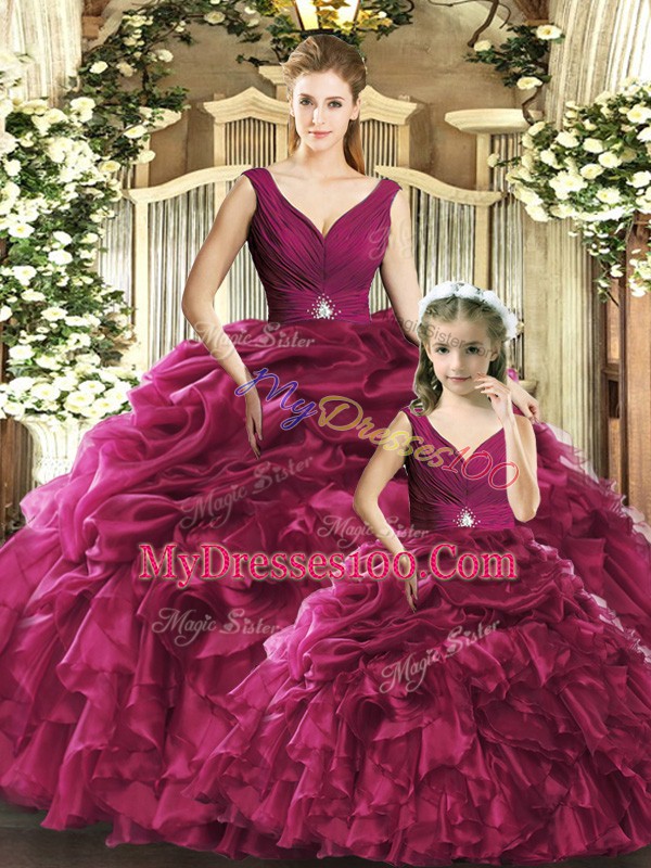 Traditional Burgundy V-neck Backless Ruffles Quinceanera Gown Sleeveless