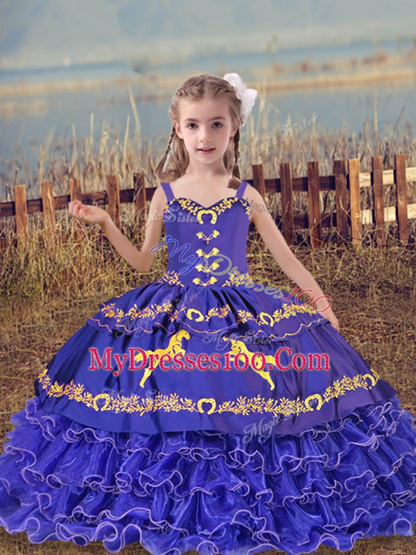 Perfect Blue Organza Lace Up Little Girls Pageant Gowns Sleeveless Floor Length Beading and Embroidery and Ruffled Layers