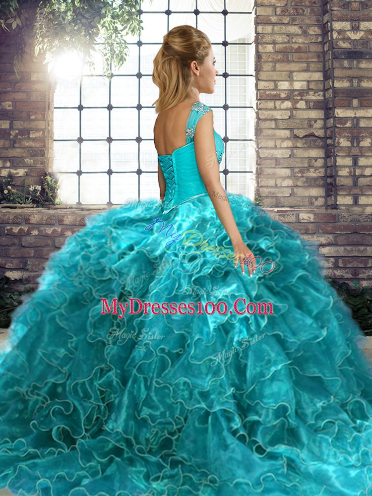 Smart Lavender Lace Up Off The Shoulder Beading and Ruffles Vestidos de Quinceanera Organza Sleeveless Brush Train