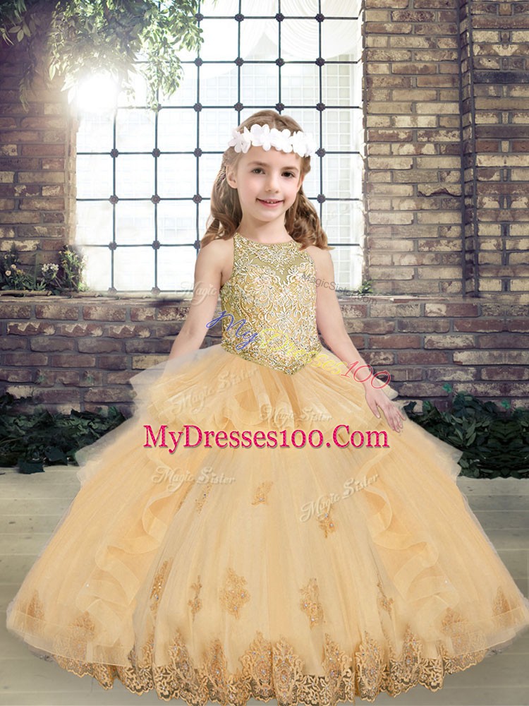 Admirable Champagne Tulle Lace Up Glitz Pageant Dress Sleeveless Floor Length Appliques