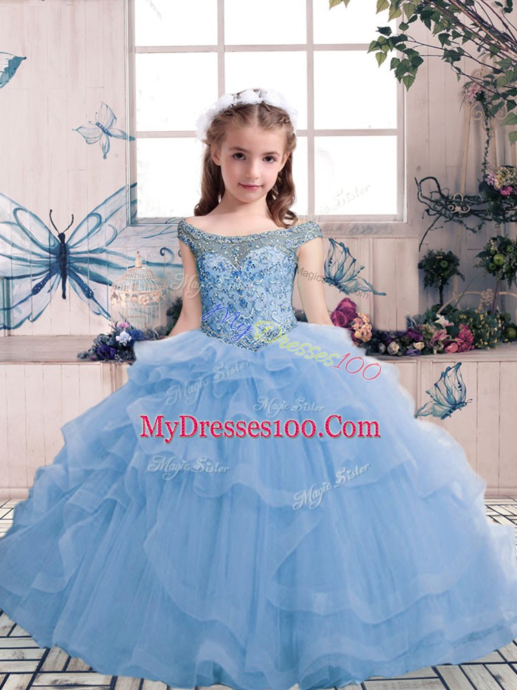 Light Blue Scoop Lace Up Beading and Ruffles Girls Pageant Dresses Sleeveless