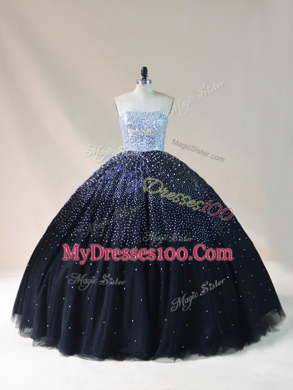 Shining Floor Length Ball Gowns Sleeveless Black Vestidos de Quinceanera Lace Up
