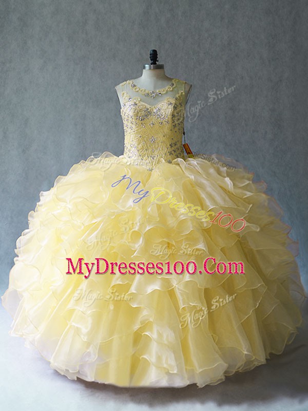 Clearance Yellow Organza Lace Up Quinceanera Gown Sleeveless Floor Length Beading and Ruffles
