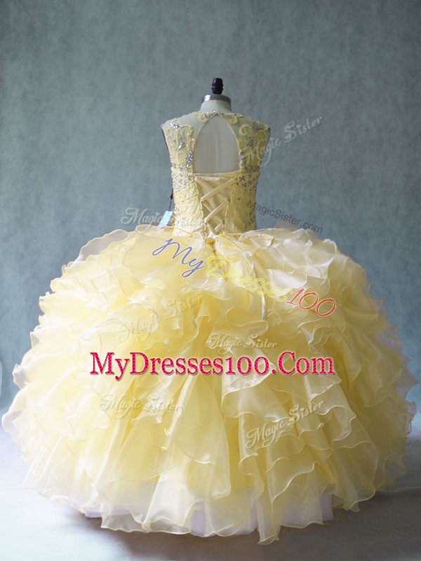 Clearance Yellow Organza Lace Up Quinceanera Gown Sleeveless Floor Length Beading and Ruffles