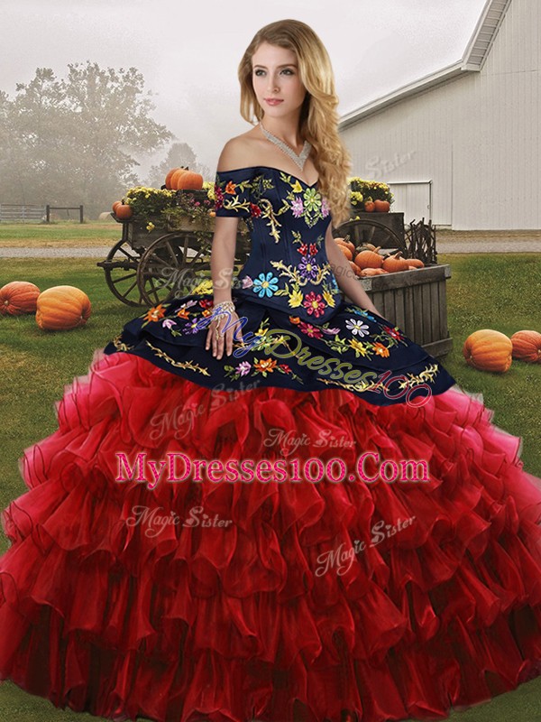 Red And Black Lace Up Sweet 16 Dress Embroidery and Ruffled Layers Sleeveless Floor Length