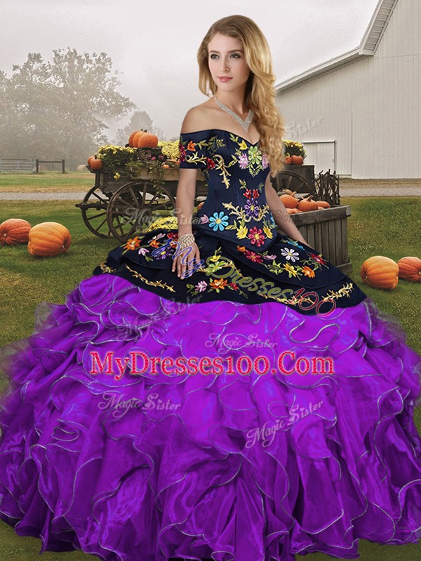 Eye-catching Organza Off The Shoulder Sleeveless Lace Up Embroidery and Ruffles 15 Quinceanera Dress in Black And Purple