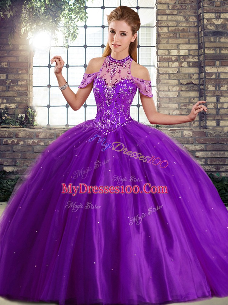 Beautiful Beading Sweet 16 Dress Purple Lace Up Sleeveless Brush Train