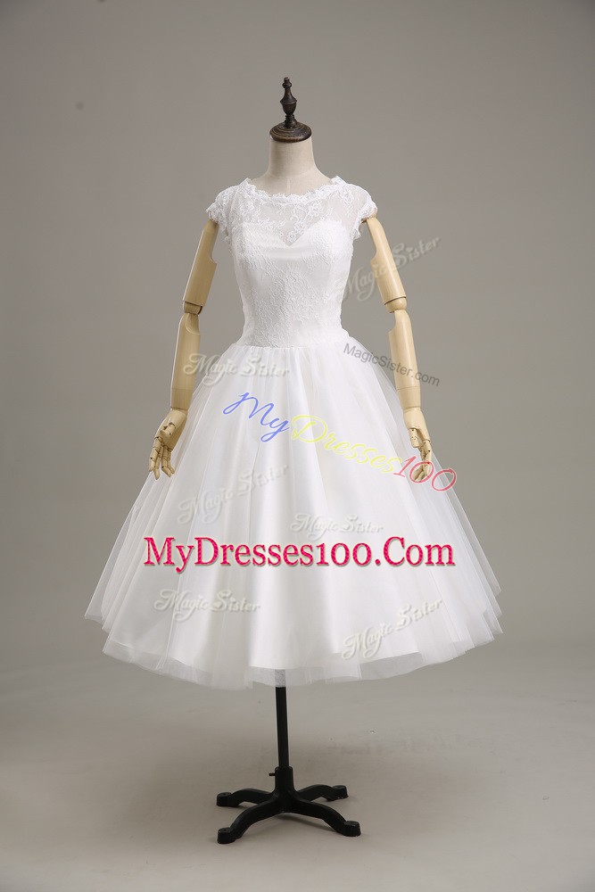 Short Sleeves Tea Length Lace and Belt Clasp Handle Wedding Dress with White