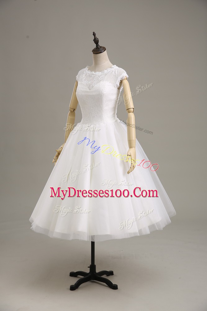 Short Sleeves Tea Length Lace and Belt Clasp Handle Wedding Dress with White