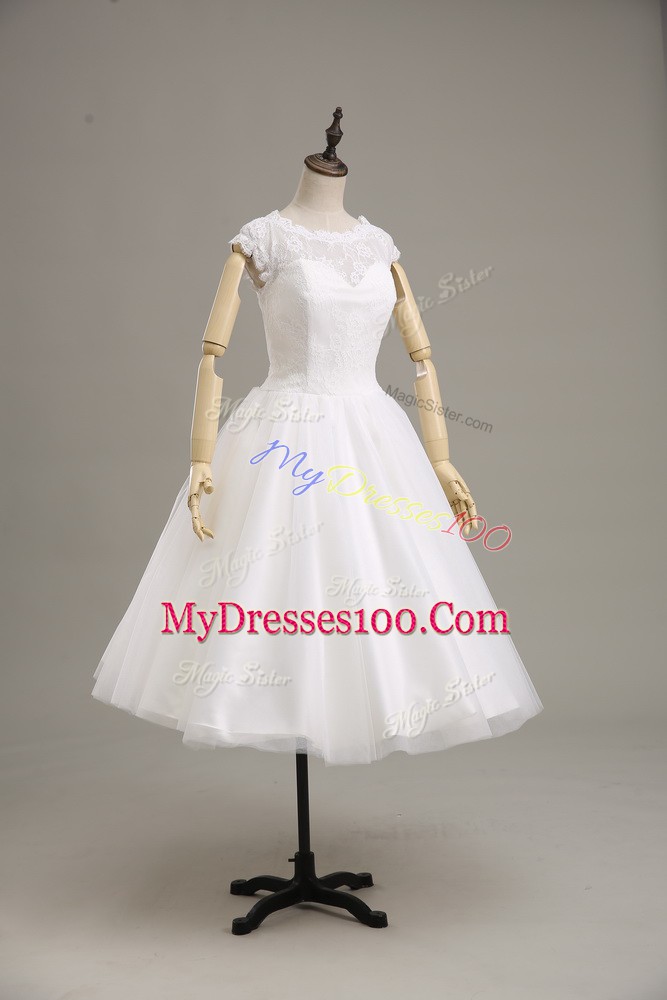 Short Sleeves Tea Length Lace and Belt Clasp Handle Wedding Dress with White